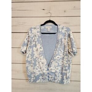 Cathy Daniels Womens Blue White Floral Deep‎ V- Neck Short Sleeve Sweater Sz XL